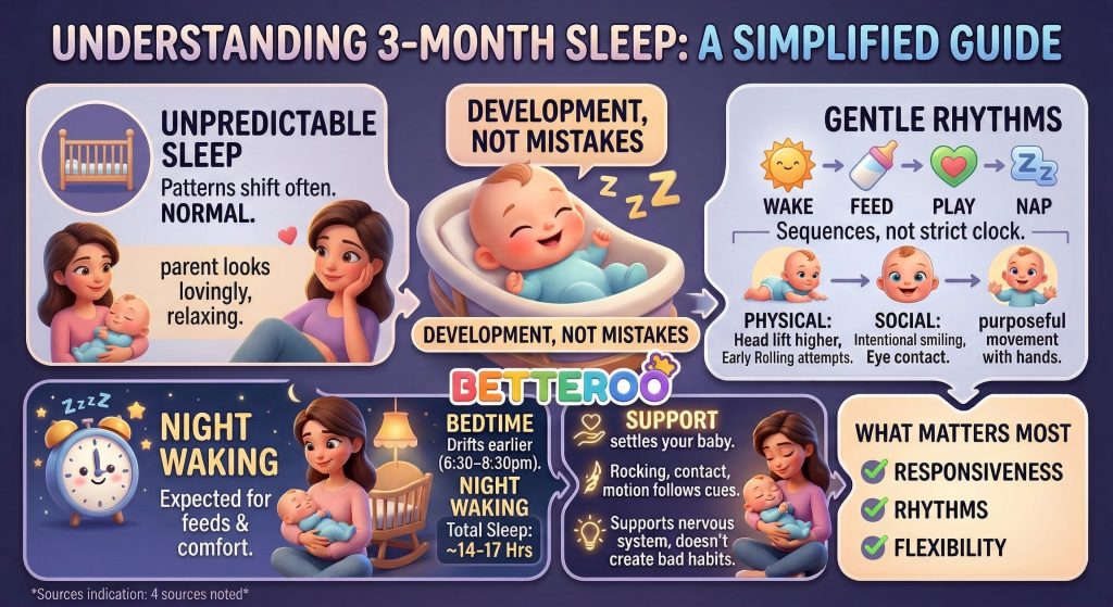 3 month old sleep schedule infographic showing key concepts: unpredictable sleep patterns are normal, development drives changes not mistakes, gentle rhythms like wake feed play nap sequences, bedtime drifts earlier between 6:30 and 8:30pm, total sleep around 14 to 17 hours, night waking is expected for feeds and comfort, and what matters most is responsiveness rhythms and flexibility