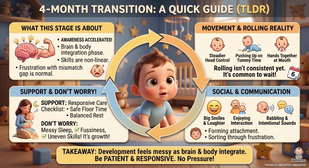 4 month old milestones infographic showing what this stage is about including brain and body integration and non-linear skills, movement and rolling reality with head control pushing up and hands to mouth, social and communication development with big smiles laughter and babbling, and support tips including responsive care floor time balanced rest and not worrying about messy sleep fussiness or uneven skills