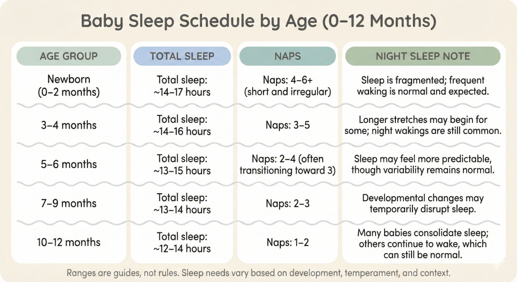 baby sleep schedule chart showing total sleep hours, nap counts, and wake window from newborn to 12 months