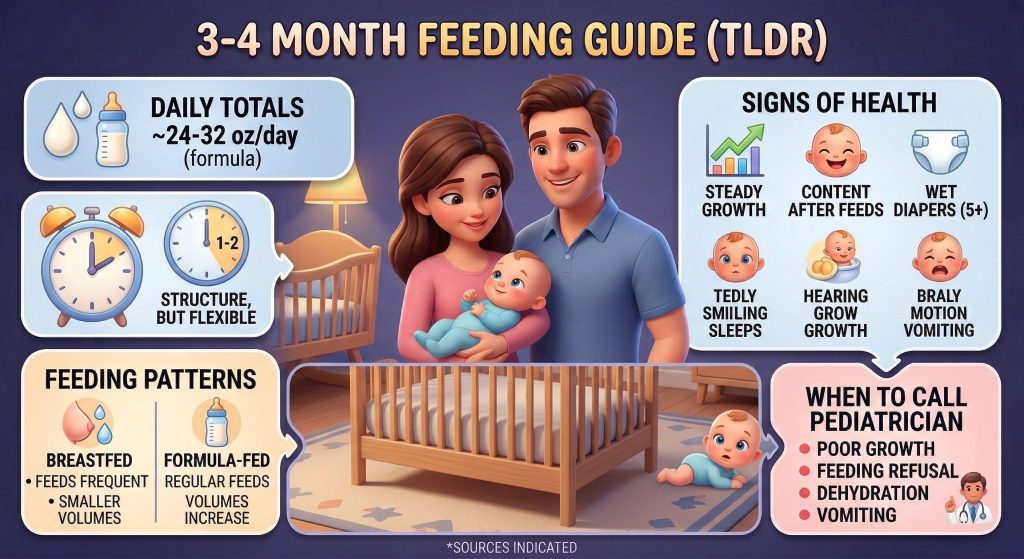 3 4 month old baby feeding schedule infographic showing daily formula totals of 24 to 32 ounces, breastfed versus formula fed feeding patterns, signs baby is eating enough including steady growth content after feeds and 5 plus wet diapers, and when to call your pediatrician for poor growth feeding refusal or dehydration