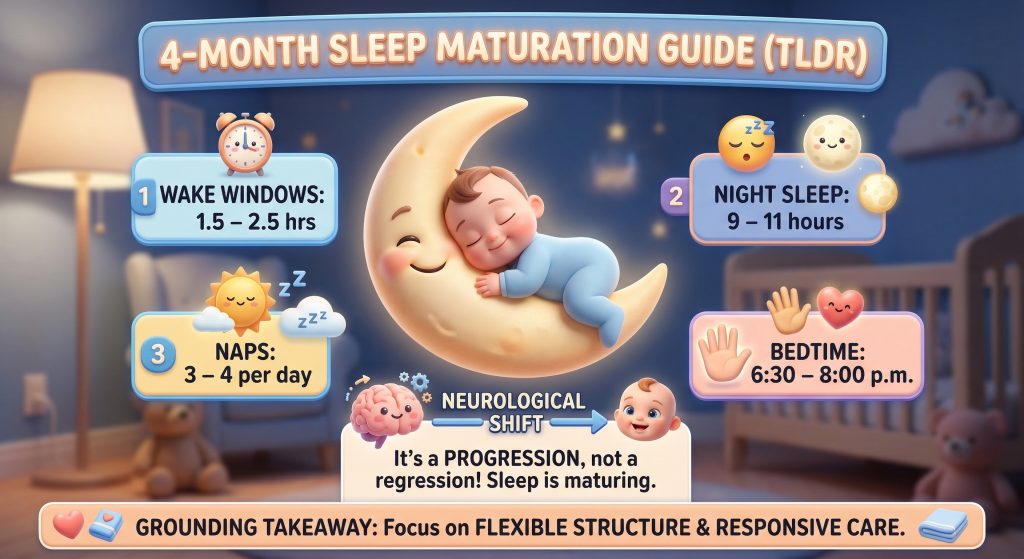 4 month old sleep schedule infographic showing wake windows of 1.5 to 2.5 hours, night sleep of 9 to 11 hours, 3 to 4 naps per day, bedtime between 6:30 and 8:00 pm, and that the neurological shift at this age is a progression not a regression with focus on flexible structure and responsive care