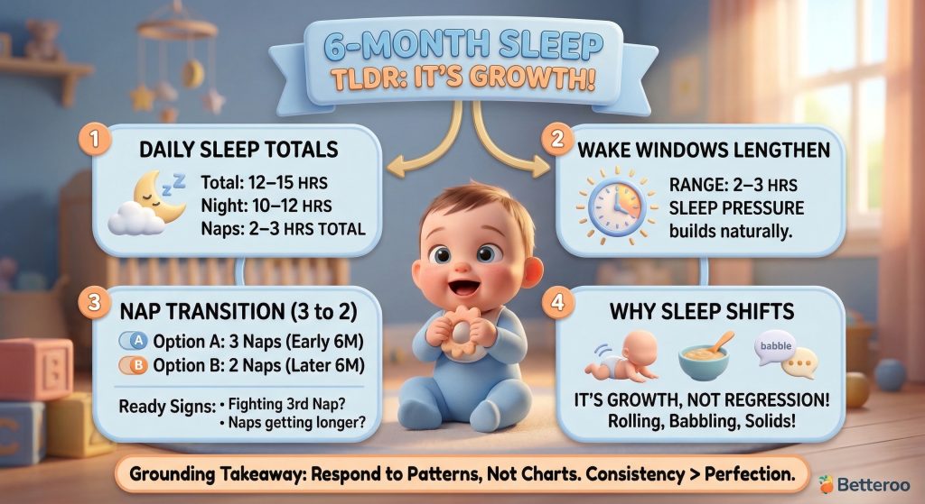 6 month old sleep schedule infographic showing daily sleep totals of 12 to 15 hours with 10 to 12 hours at night and 2 to 3 hours of naps, wake windows of 2 to 3 hours, nap transition from 3 naps to 2 naps with readiness signs, and why sleep shifts at this age due to growth including rolling babbling and starting solids