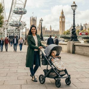 Mom pushing a stroller with her baby in London