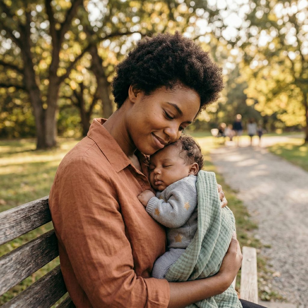 Mom in the park holding her baby