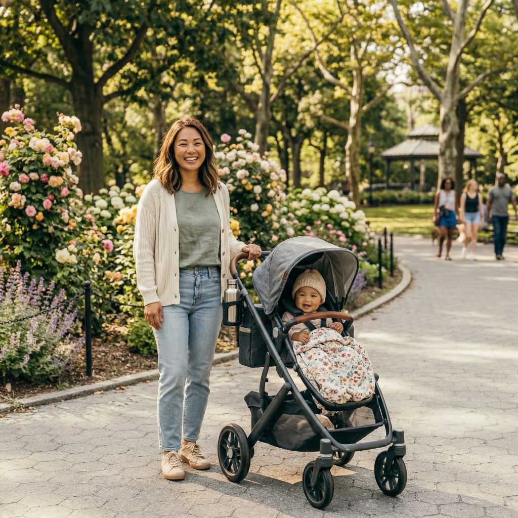 Mom in the park with her baby in the stroller