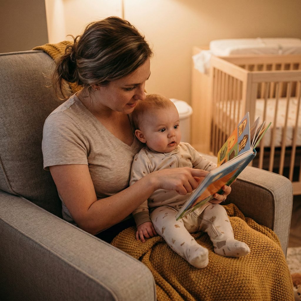 Mom reading a book to her baby