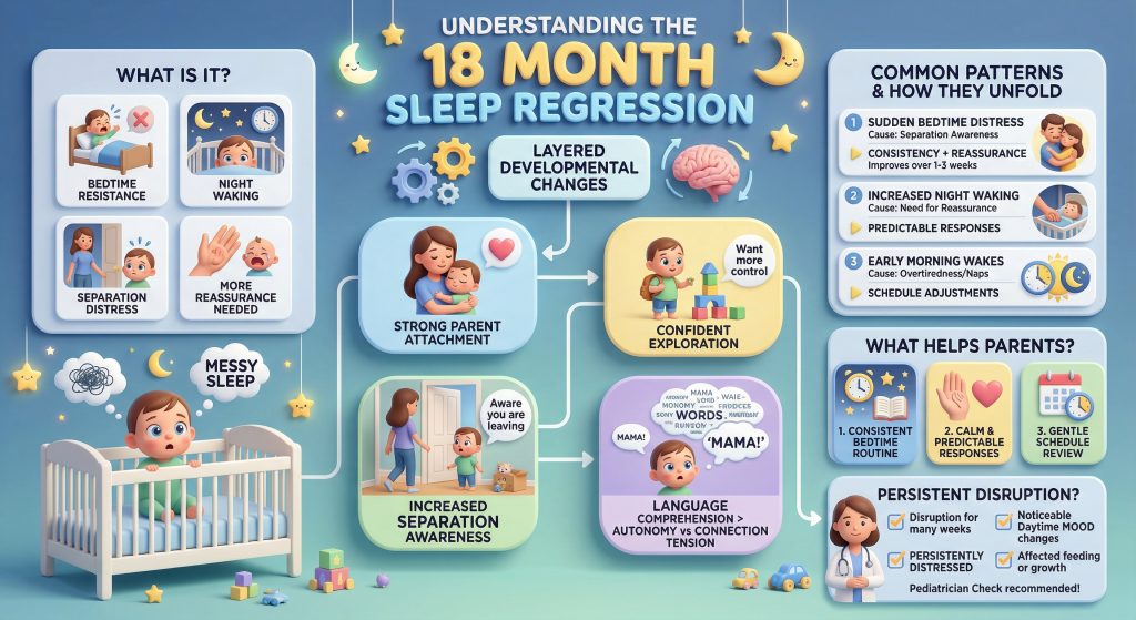 18monthsleepregressioninfographic | Betteroo Infographic explaining the 18 month sleep regression — signs like bedtime resistance and night waking, developmental causes including separation awareness and language growth, common patterns and how they unfold, and what helps parents including consistent routines and calm responses