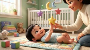 2 Month Old Milestones: What Most Babies Are Starting to Do (and What’s Normal): Asian American mother watching 2-month-old baby reaching for colorful mobile milestones. illustration of a cute 2-month-old Asian American baby lying on a colorful quilted play mat. The baby is smiling and reaching up toward a hanging mobile of soft plush stars and moons. An Asian American mother kneels beside the baby, looking on with a warm, encouraging smile. The nursery background is bright and cozy, featuring a white crib, soft toys like a teddy bear and lamb, and a stack of children's books.