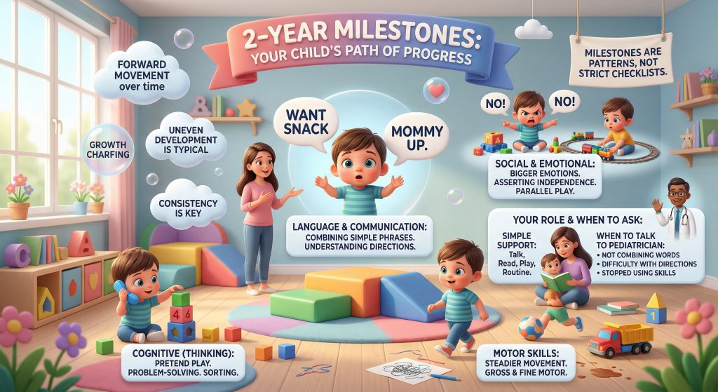 2yearmilestonesinfographic | Betteroo 2 year milestones infographic showing language, cognitive, motor, and social-emotional development areas with tips on when to talk to your pediatrician