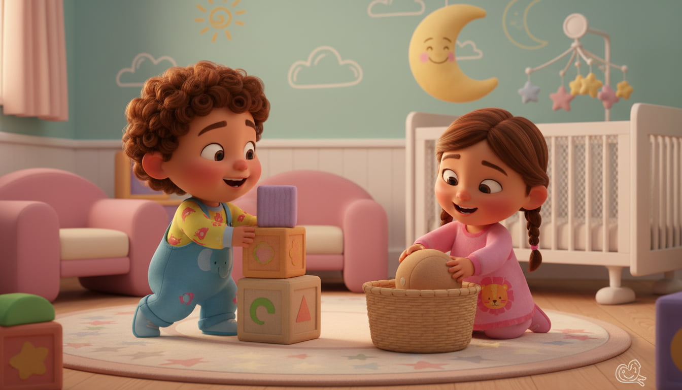 2yearmilestones | Betteroo Two toddlers stacking blocks and playing together in a colorful nursery - 2 year milestones development activities