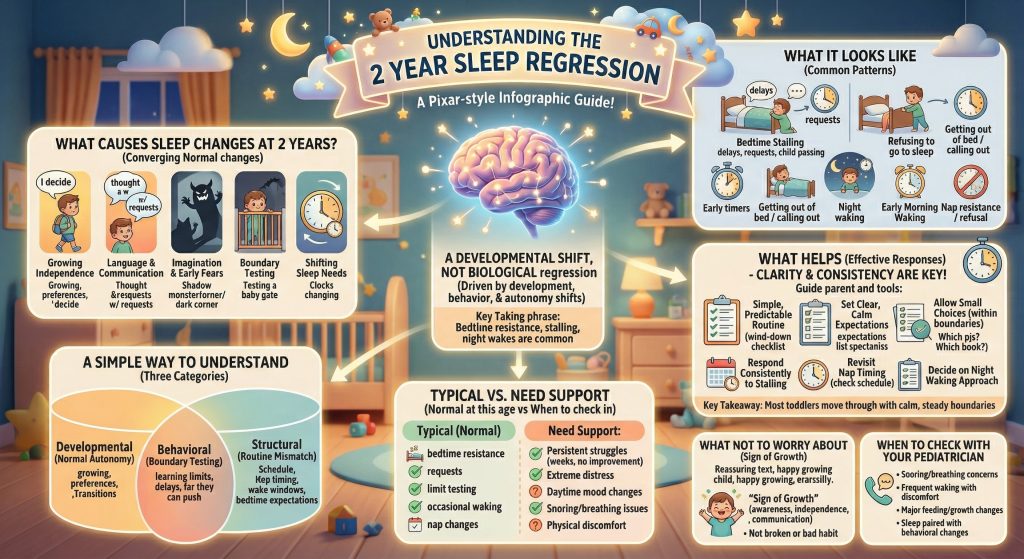 Infographic showing common signs and causes of the 2 year sleep regression including bedtime resistance, night waking, and nap refusal