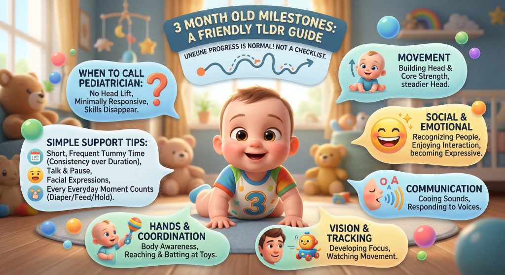 3 month old milestones infographic showing a baby during tummy time surrounded by developmental areas: movement, hands and coordination, social and emotional, communication, vision and tracking, simple support tips, and when to call your pediatrician