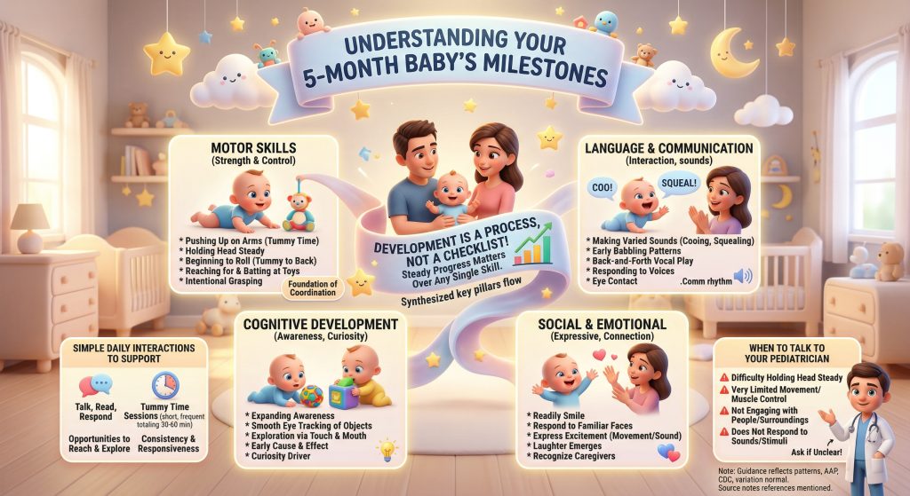 5monthmilestonesinfographic | Betteroo Infographic showing common 5 month milestones across motor, language, cognitive, and social-emotional development