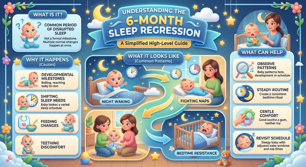6monthsleepregressioninfographic | Betteroo Infographic explaining the 6 month sleep regression — what it is, why it happens (developmental milestones, shifting sleep needs, feeding changes, teething), common patterns like night waking, fighting naps, and bedtime resistance, and what helps including observing patterns, steady routines, gentle comfort, and revisiting the schedule