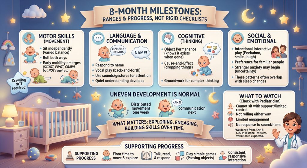 8monthmilestonesinfographic | Betteroo Infographic showing common 8 month baby milestones across motor, language, cognitive, and social development