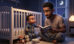 Father reading a bedtime story to his 8 month old baby beside a crib at night, illustrating a calming bedtime routine during the 8 month sleep regression