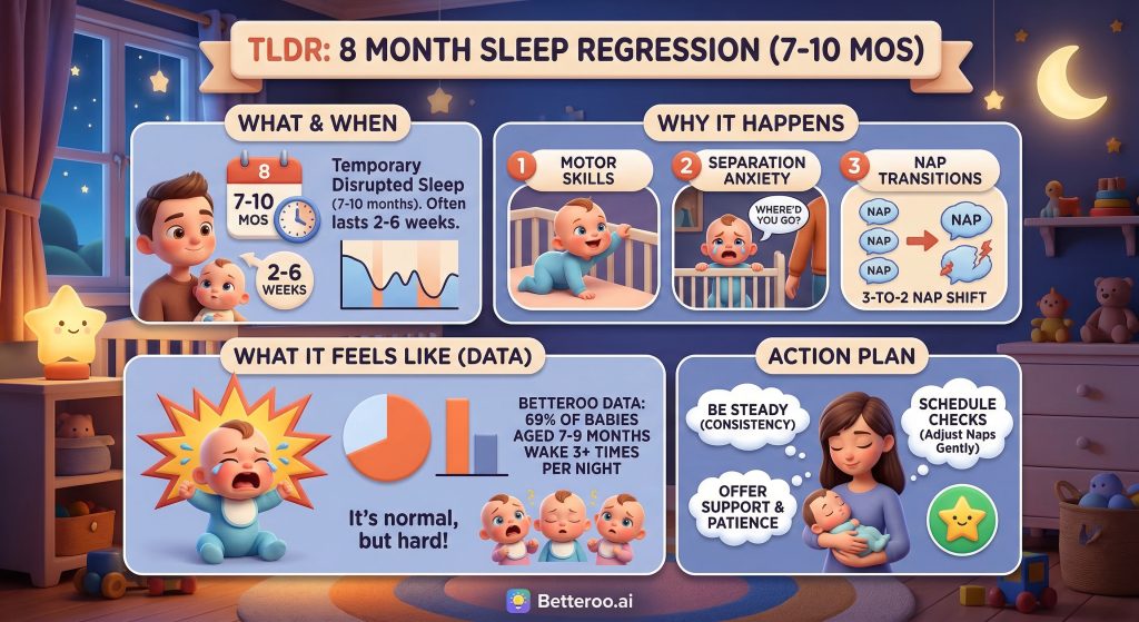 Infographic summarizing the 8 month sleep regression, covering when it happens (7-10 months, lasting 2-6 weeks), why it happens (motor skills, separation anxiety, nap transitions), Betteroo data showing 69% of babies aged 7-9 months wake 3+ times per night, and an action plan (consistency, schedule adjustments, patience)