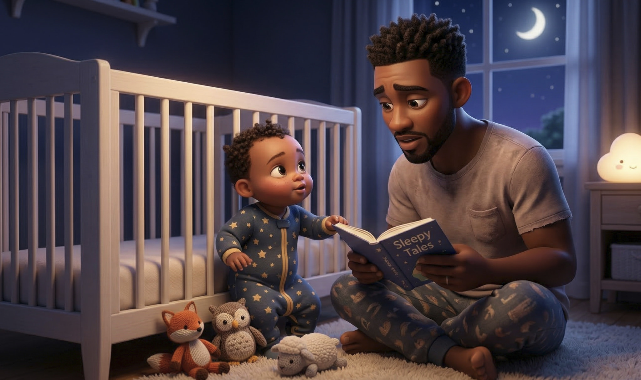 Father reading a bedtime story to his 8 month old baby beside a crib at night, illustrating a calming bedtime routine during the 8 month sleep regression