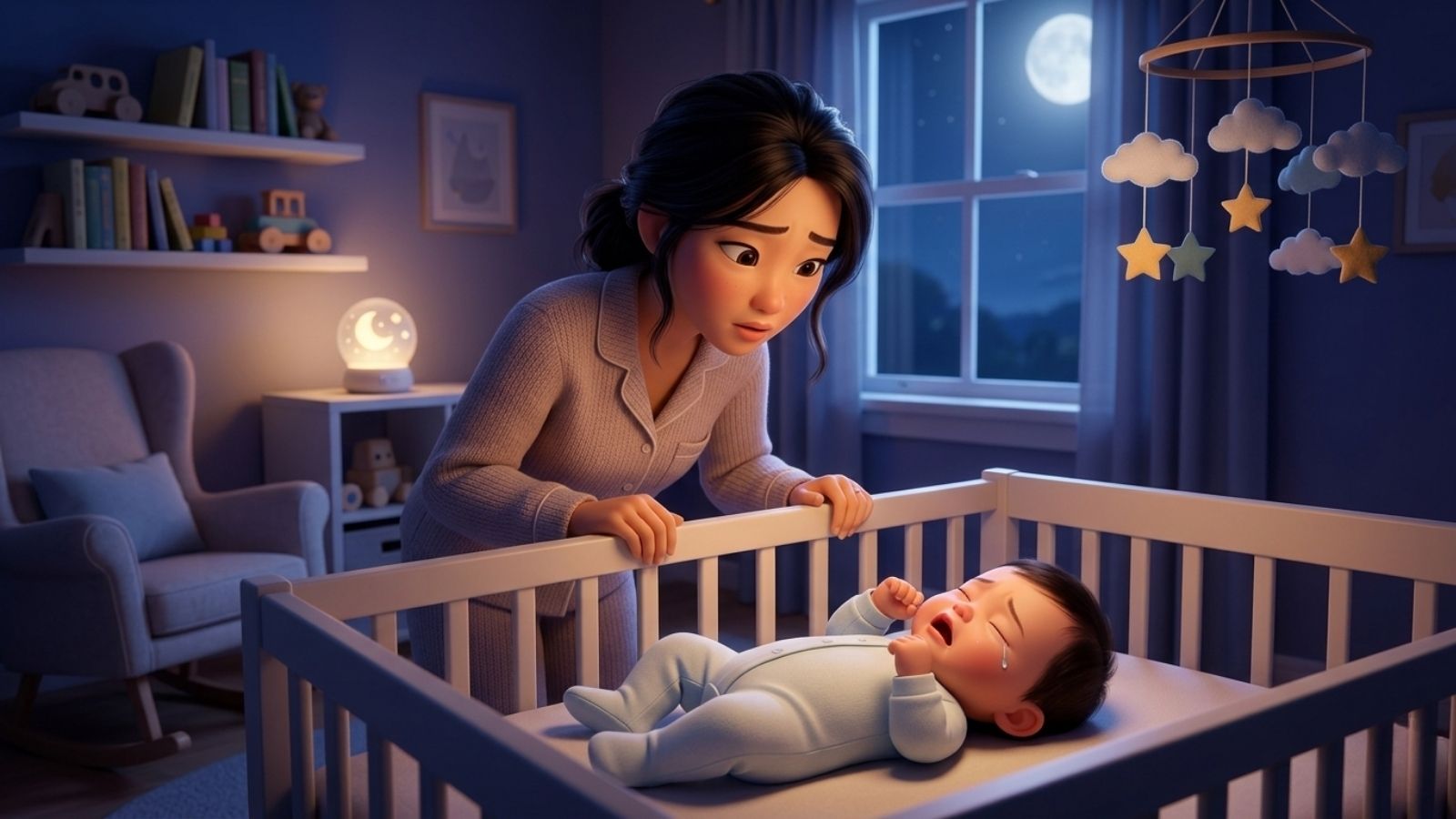 Mother checking on her crying baby in a crib at night — babies often whimper or cry during sleep as they transition between sleep cycles