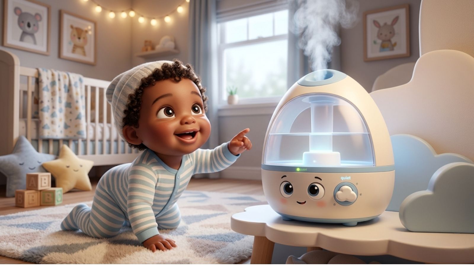A curious baby in a nursery reaching toward a quiet cool-mist humidifier on a side table, with a crib, animal wall art, and alphabet blocks in the background.
