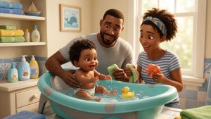 Best baby bathtubs — parents bathing a happy baby in a light blue baby tub with rubber duck toys on the bathroom floor