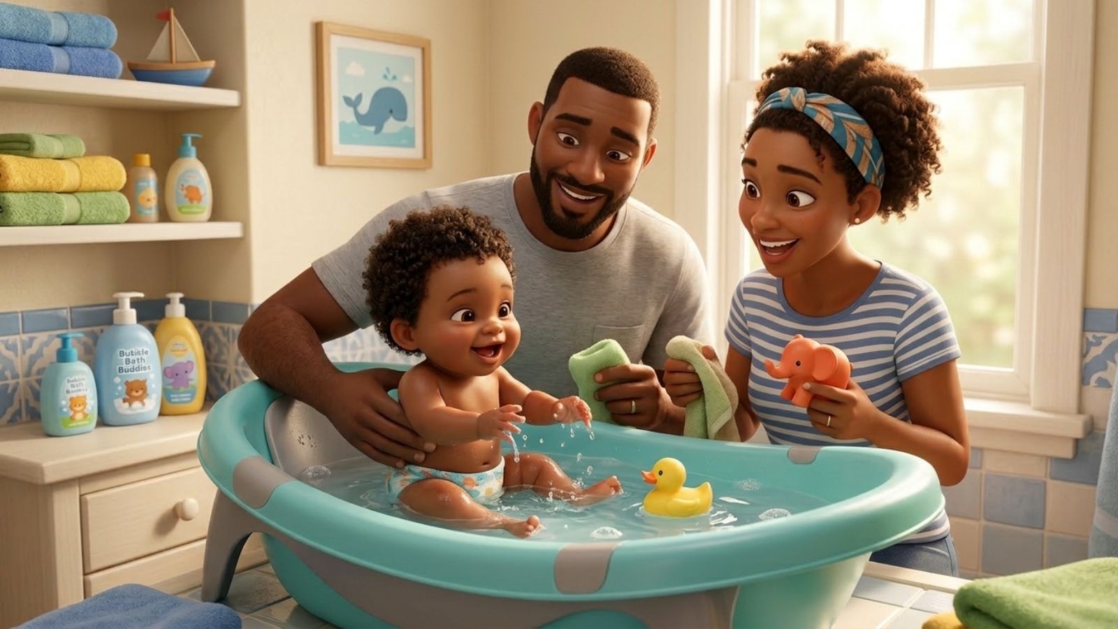 Best baby bathtubs — parents bathing a happy baby in a light blue baby tub with rubber duck toys on the bathroom floor