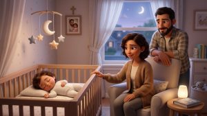 Parent and baby in a cozy nursery at bedtime during the first year, illustration for baby sleep guide