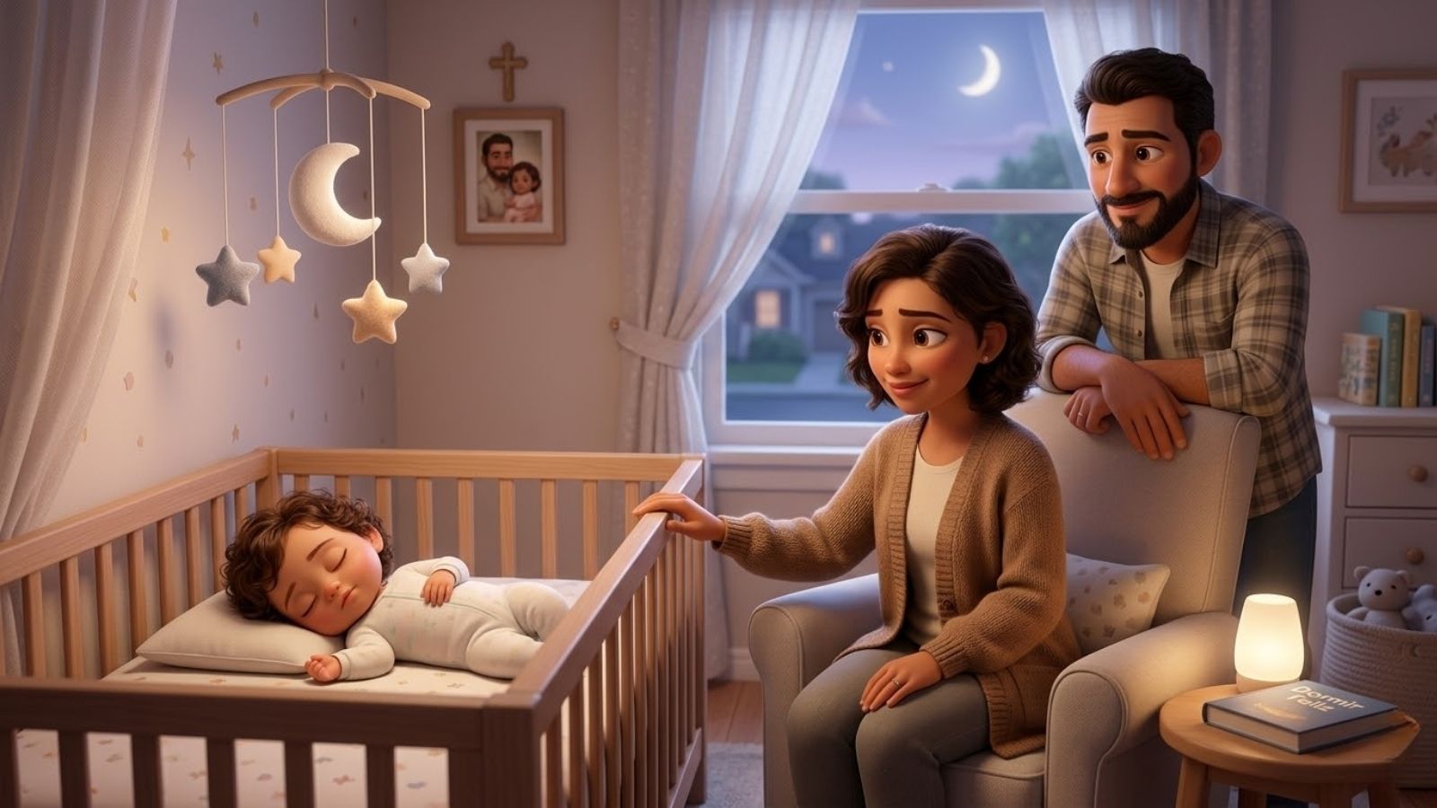 Parent and baby in a cozy nursery at bedtime during the first year, illustration for baby sleep guide