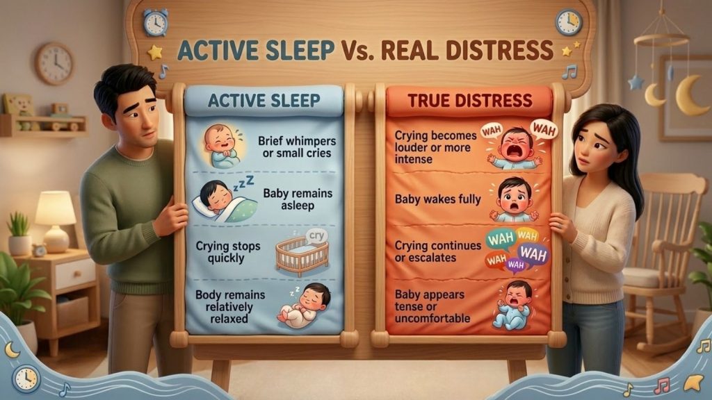 High-quality 3D infographic showing a comparison chart between active sleep and real distress in babies. An Asian family is featured in a nursery. The 'Active Sleep' column lists points like brief whimpers, baby remaining asleep, and relaxed body with corresponding icons. The 'True Distress' column lists points like crying getting louder, baby waking fully, and tense body with corresponding icons and crying baby illustrations. The title is "ACTIVE SLEEP VS. REAL DISTRESS."