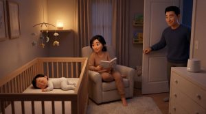 Parent sitting in a chair beside a sleeping baby's crib illustrating the chair method, one of the most common sleep training methods