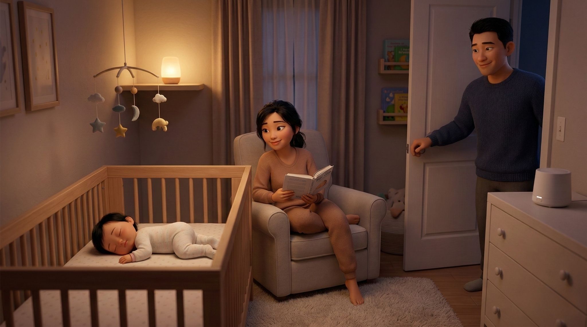 Parent sitting in a chair beside a sleeping baby's crib illustrating the chair method, one of the most common sleep training methods