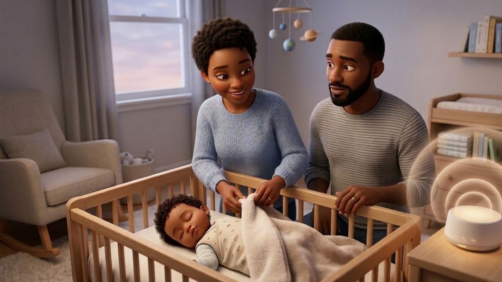 Baby sleeping peacefully with a sound machine in a dimly lit nursery, illustration for Best Sound Machines for Babies guide