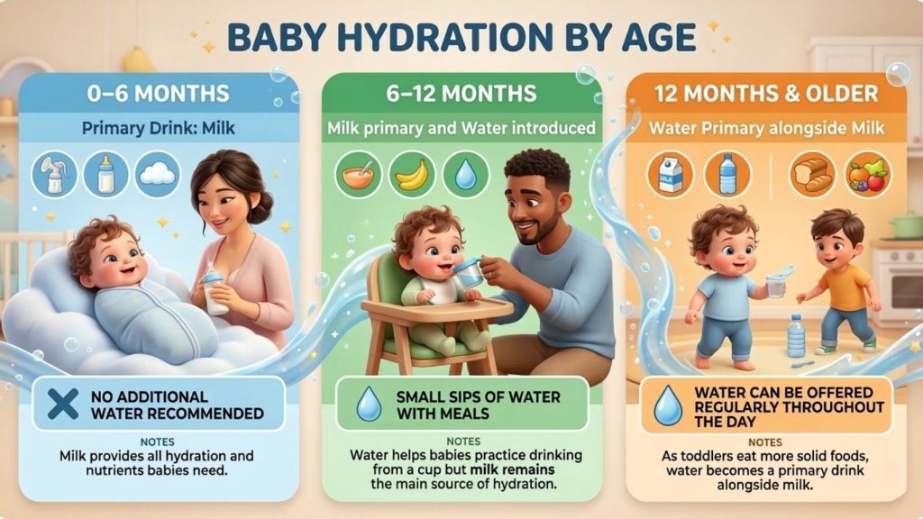Baby hydration by age infographic showing when babies can drink water: 0–6 months milk only with no additional water, 6–12 months small sips of water with meals, and 12 months and older water offered regularly alongside milk