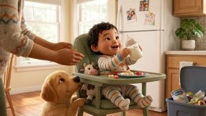 Toddler holding a bottle of milk in a high chair with solid foods, showing the transition from formula to milk around 12 months