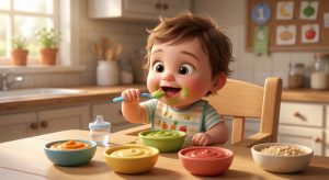 Joyful messy baby eating baby purees in a high chair, holding a spoon with colorful bowls of pureed food on the table in a bright kitchen background