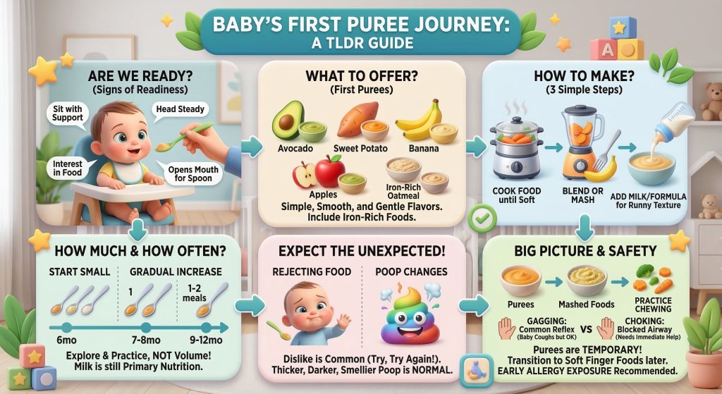 baby purees - An illustrative infographic, presented in a 3D animated cartoon style, serves as a TLDR guide titled 'BABY'S FIRST PUREE JOURNEY'. The image has a clean, modern nursery background with toys, a crib, and house plants. The content is organized into six interconnected panels with arrows indicating the flow.