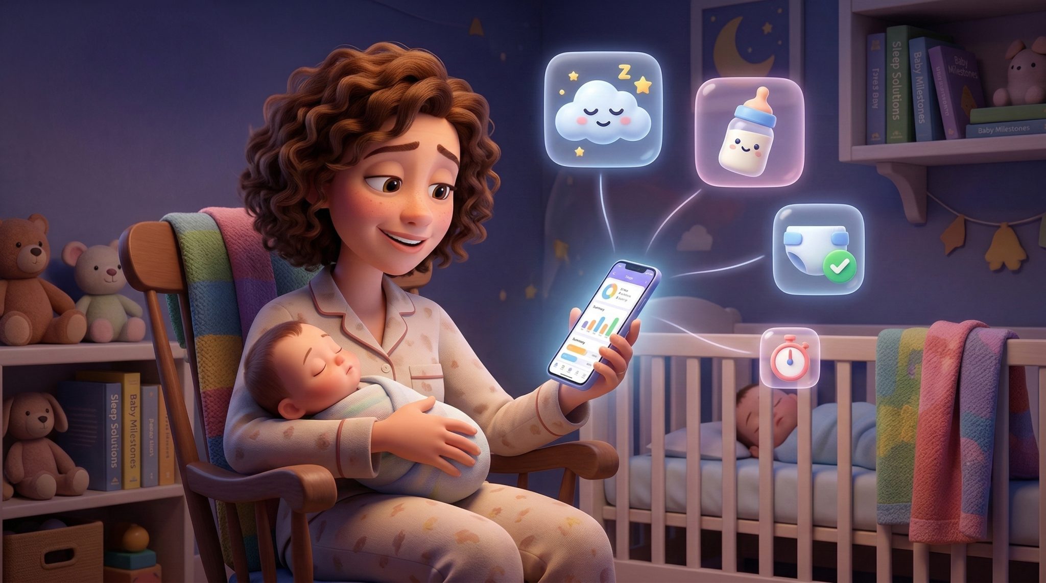Mother using baby tracker app on phone while holding sleeping baby in nursery