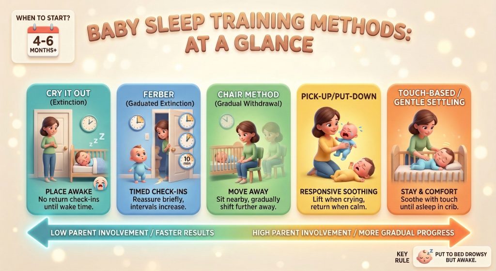 Infographic showing the common sleep training methods