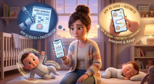 Illustration showing how sleep training apps work best as flexible guides rather than strict rules — a parent using an app alongside baby cues for better sleep