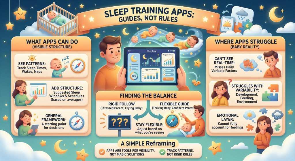 Infographic explaining do sleep training apps work — what they help with, where they fall short, and how to use them effectively