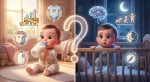 A split-screen illustration for understanding growth spurt vs sleep regression. The left side shows a baby drinking from a bottle; the right side shows the same baby standing wide-awake in a crib at night. A large glowing question mark divides the two scenarios.