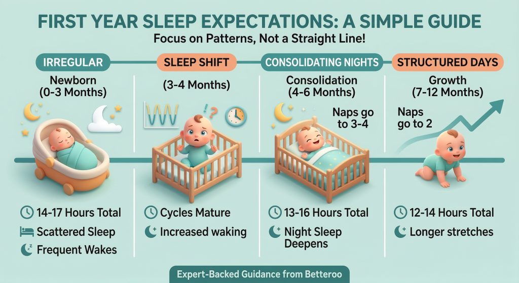 infographic guiding parents through first year baby sleep expectations, and how it's best to focus on patterns