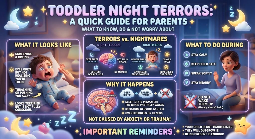 Infographic about toddler night terrors, guiding parents about what they need to know, what they can do and what they should not worry about