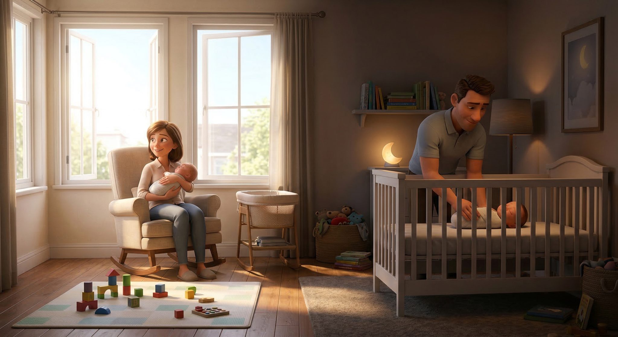 Parents following a newborn sleep routine — mother holding baby in a bright nursery during the day while father places baby in a crib in a dim room at night