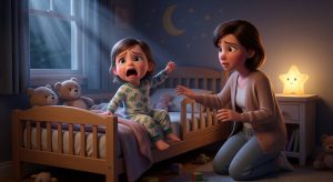 image that captures the unsettling moment of a toddler experiencing a night terror, with the mother looking on in concern