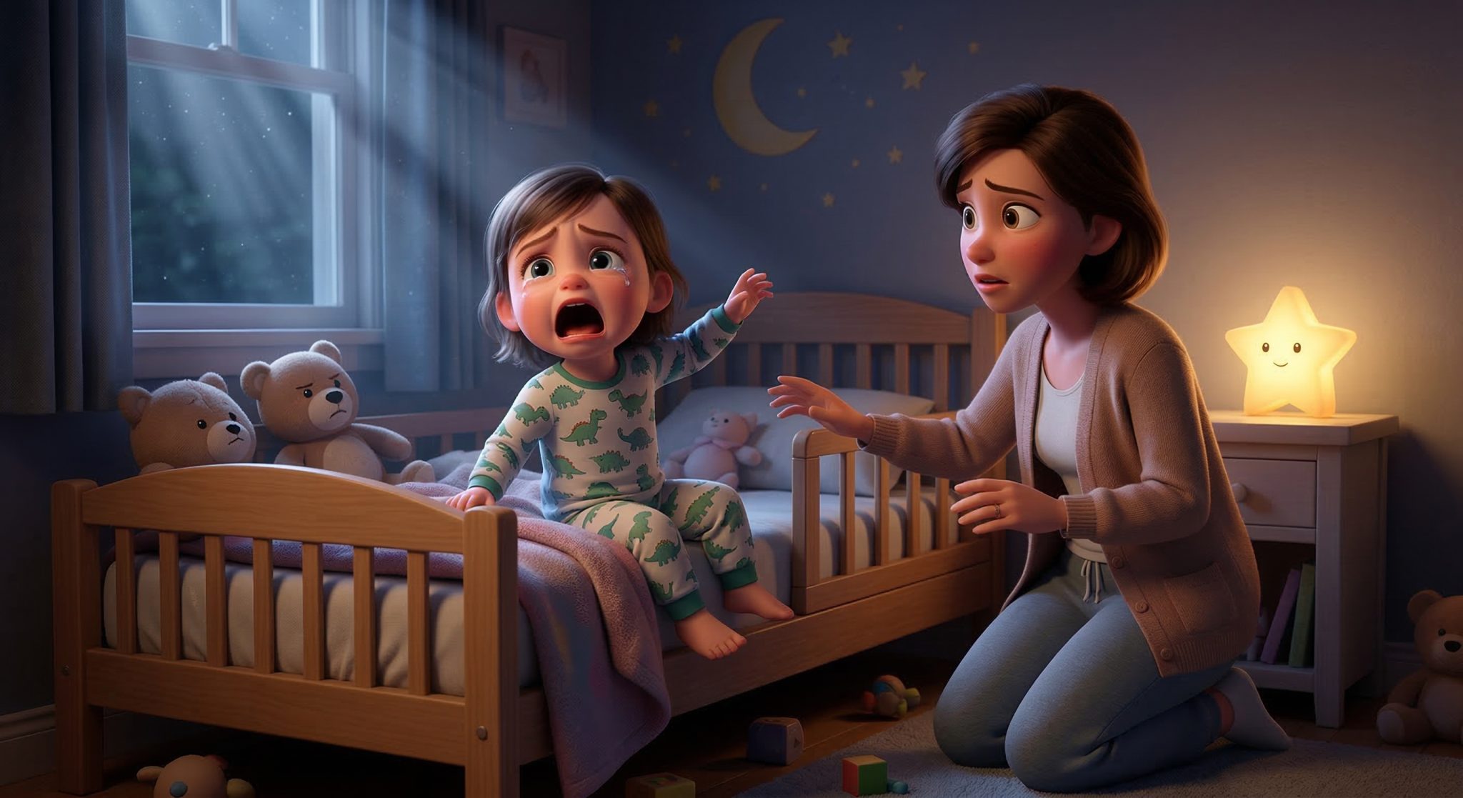 image that captures the unsettling moment of a toddler experiencing a night terror, with the mother looking on in concern