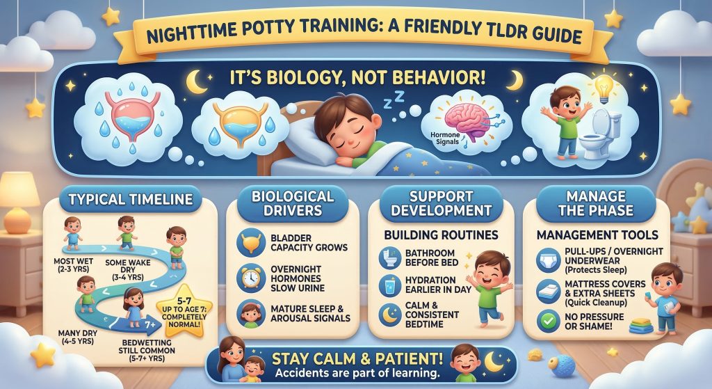 A friendly Pixar-style infographic titled Nighttime Potty Training: A Friendly TLDR Guide, emphasizing that "It's Biology, Not Behavior!". It contains four key panels: a developmental timeline (ages 2 to 7+), biological drivers, support routines, and management tools. The bottom message is "Stay Calm & Patient!".