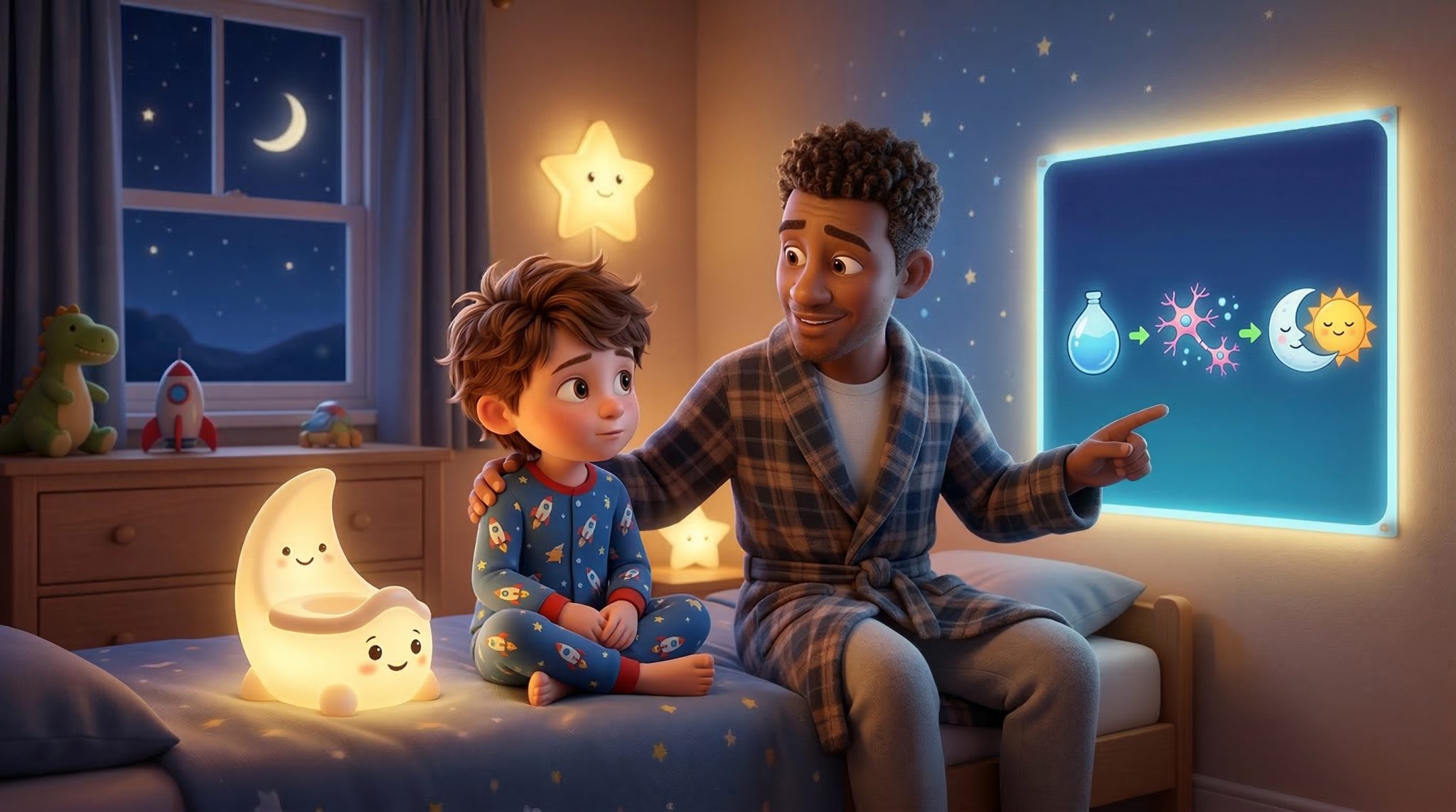 A 3D animated illustration of a father comforting his son in a bedroom, depicting nighttime potty training. The father points to a glowing wall screen showing connected biological progression icons. On the bed next to the boy, a unique, smiling crescent-moon toddler potty emits a warm light.