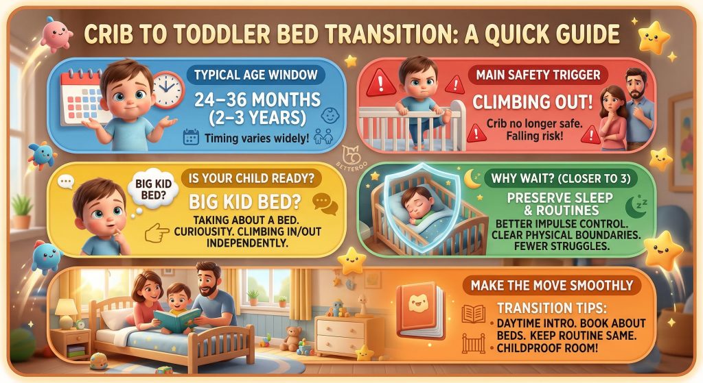 Infographic showing when to transition from crib to toddler bed, including the typical age window of 24 to 36 months, safety triggers like climbing out, readiness signs, reasons to wait until closer to age 3, and tips for a smooth transition