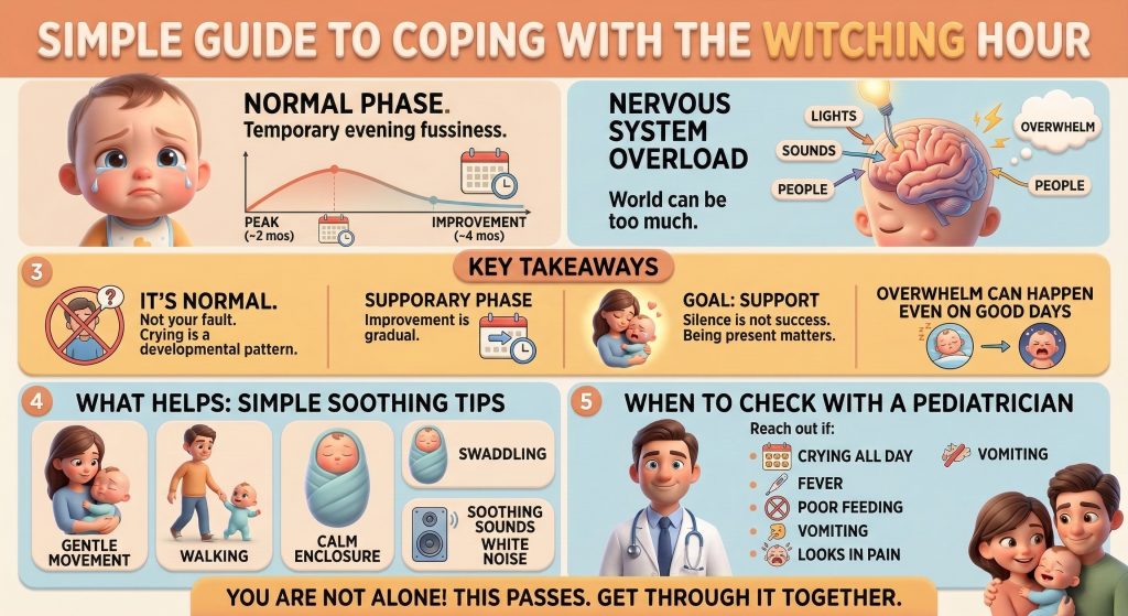 Infographic showing witching hour causes, soothing tips, and when to call a pediatrician